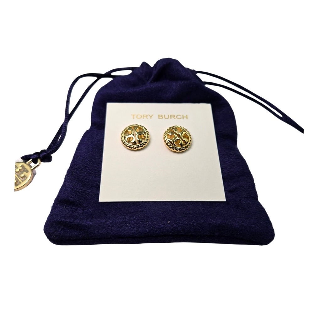 Tory Burch Gold Tone Logo Stud Earrings Pierced Designer Jewelry‎
